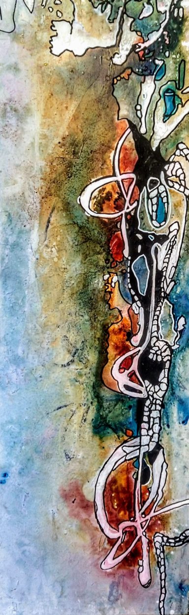 Abstract artwork featuring vibrant colors and dynamic, fluid lines.
