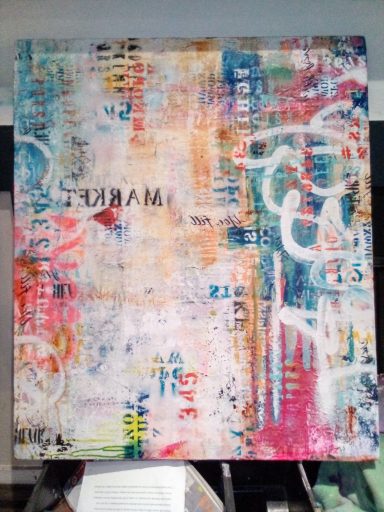 Colorful abstract artwork with splashes of paint and layered text elements.