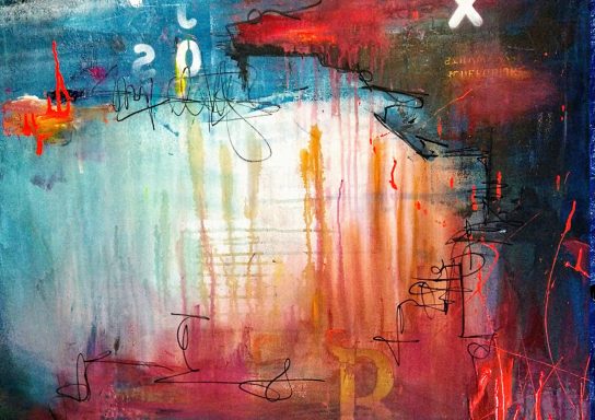 Colorful abstract painting with overlapping shapes and scattered numbers and letters.