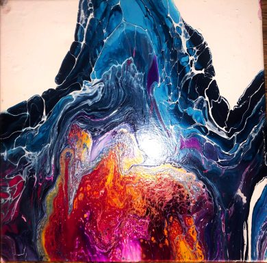 Colorful abstract painting with swirling blue, orange, and purple patterns.