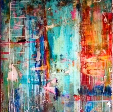 Colorful abstract painting with vibrant blues, reds, and hints of white and orange.