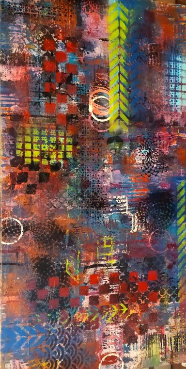 Abstract artwork featuring vibrant colors, geometric patterns, and dynamic textures.