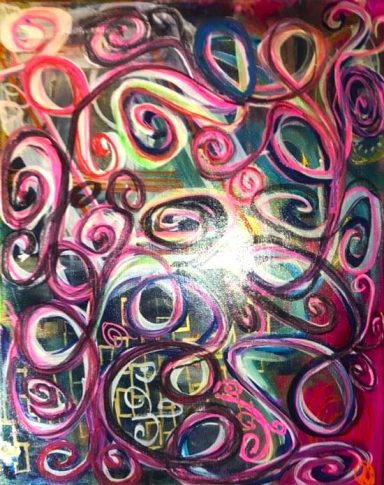 Colorful abstract artwork featuring swirling pink and purple shapes against a vibrant background.