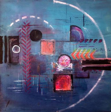Abstract painting featuring geometric shapes and vibrant colors on a blue background.
