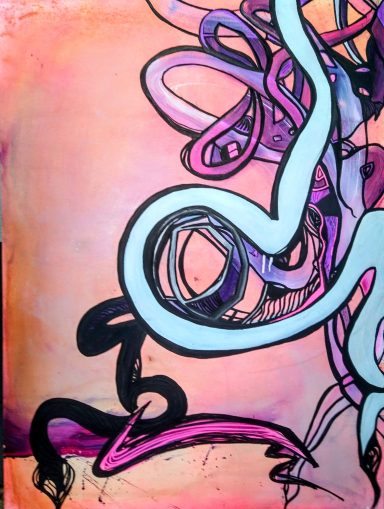 Colorful abstract art featuring swirling lines in pink, black, and blue against a textured background.
