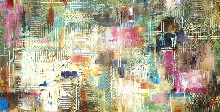 Abstract artwork with vibrant colors and textured layers.