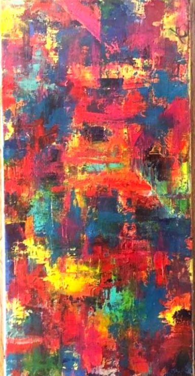 Colorful abstract painting with vibrant reds, blues, yellows, and greens blending together.