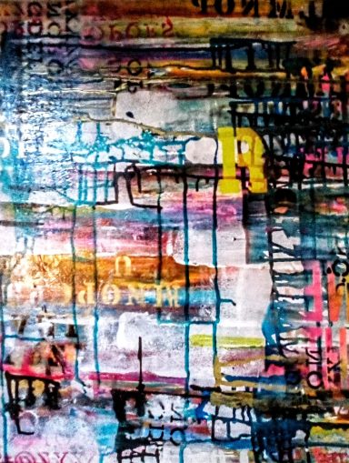 Colorful abstract painting with vibrant patterns and layered textures.